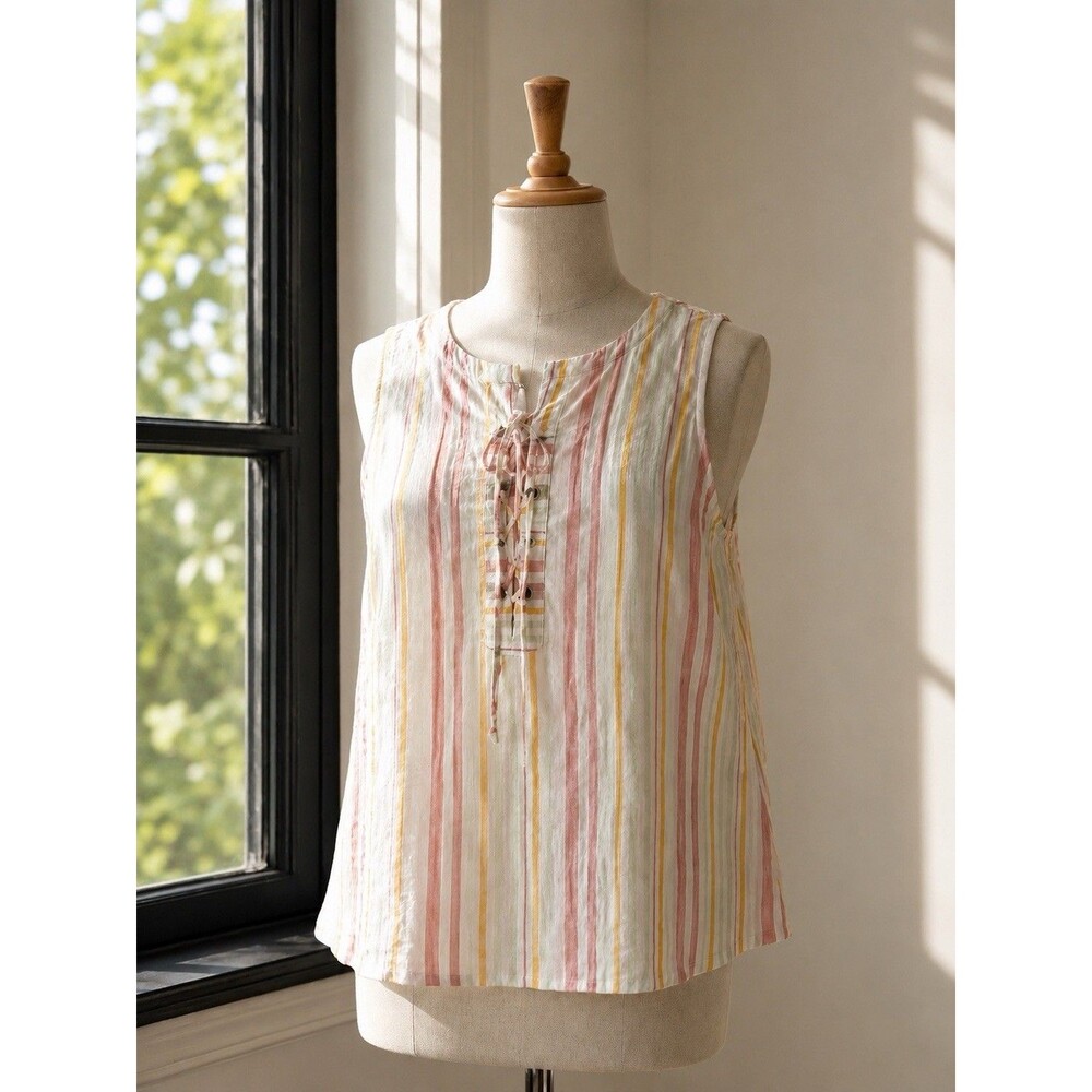 Tommy Bahama Linen Lace Up Sleeveless Tunic Top Striped Coastal Boho Size XL